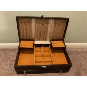 Vintage tiered large Jewelry‎ Box ,no mirror, brown, gold velvet
